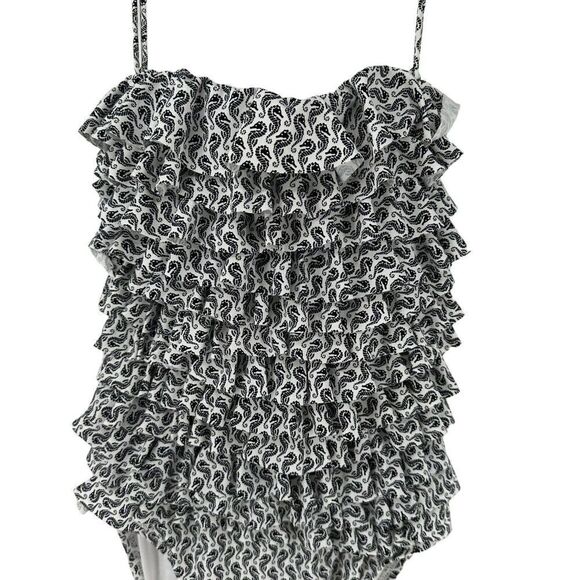 LOFT Swimsuit One Piece Size 6 Ruffle Front Halter Seahorse White And Black NEW - Picture 4 of 11